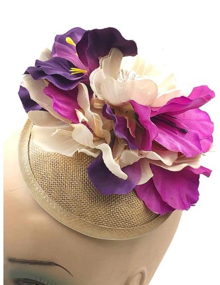 TOCADOS MORADOS Y BEIGE PARA INVITADAS DE BODA Y MADRINAS