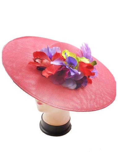 TOCADOS SALMON CON ORQUIDEAS CORAL Y PLUMAS MORADAS AVESTRUZ