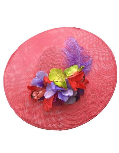 TOCADOS SALMON CON ORQUIDEAS CORAL Y PLUMAS MORADAS AVESTRUZ