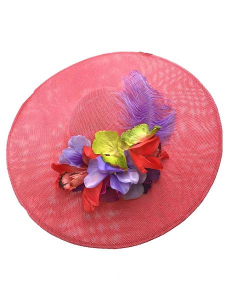 TOCADOS SALMON CON ORQUIDEAS CORAL Y PLUMAS MORADAS AVESTRUZ