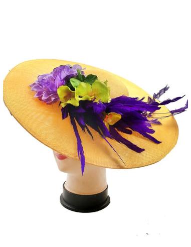 TOCADOS PARA BODAS AMARILLOS Y MORADOS CON FLORES Y PLUMAS