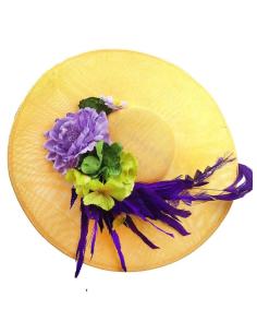 TOCADOS PARA BODAS AMARILLOS Y MORADOS CON FLORES Y PLUMAS 2