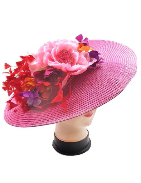 TOCADOS FUCSIAS CON FLORES Y PLUMAS VISTOSAS PARA MADRINA E INVITADA