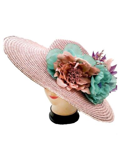 TOCADOS ROSA MAQUILLAJE PAMELA DE PAJA CON FLORES, PANICULATA Y PLUMAS