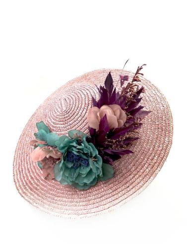 TOCADOS ROSA MAQUILLAJE PAMELA DE PAJA CON FLORES, PANICULATA Y PLUMAS