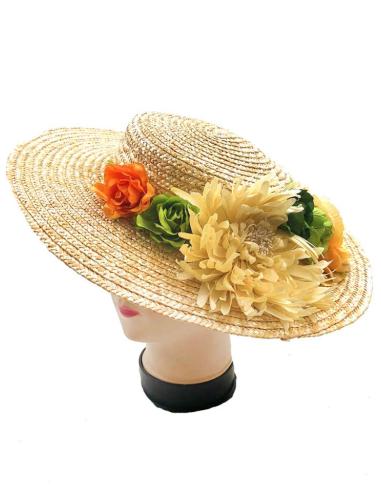 TOCADOS PARA BODAS CANOTIER PAJA CON FLORES VERDES Y NARANJAS