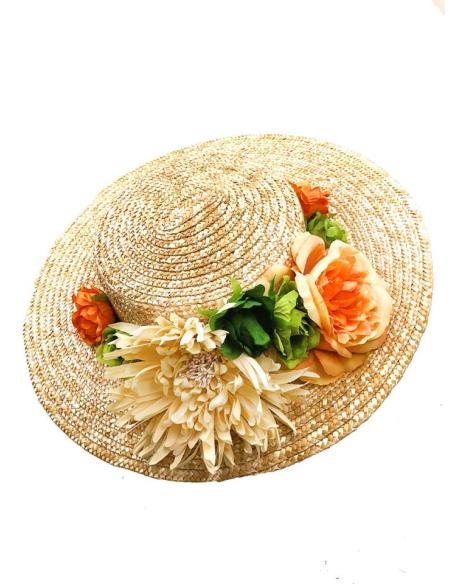 TOCADOS PARA BODAS CANOTIER PAJA CON FLORES VERDES Y NARANJAS