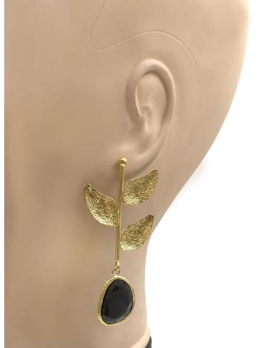 PENDIENTES MUJER LARGOS DE HOJAS Y PIEDRAS GRISES