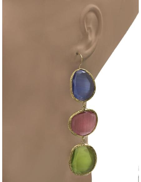 PENDIENTES LARGOS CON PIEDRAS GRANDES ROSA, VERDE Y AZUL