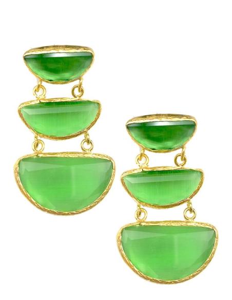 PENDIENTES LARGOS ELEGANTES CON TRIO DE PIEDRAS VERDE ESMERALDA