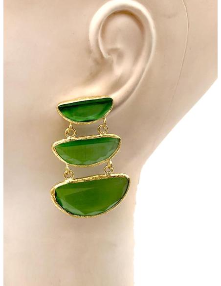 PENDIENTES LARGOS ELEGANTES CON TRIO DE PIEDRAS VERDE ESMERALDA