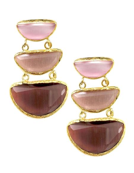 PENDIENTES LARGOS ELEGANTES CON TRIO DE PIEDRAS ROSAS Y MALVAS