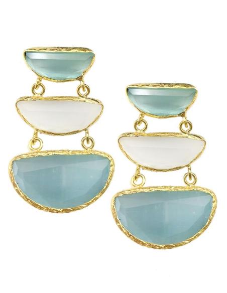 PENDIENTES LARGOS ELEGANTES CON TRIO DE PIEDRA AZUL Y BLANCA