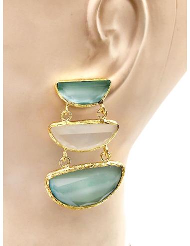 PENDIENTES LARGOS ELEGANTES CON TRIO DE PIEDRA AZUL Y BLANCA