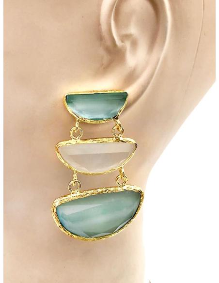 PENDIENTES LARGOS ELEGANTES CON TRIO DE PIEDRA AZUL Y BLANCA