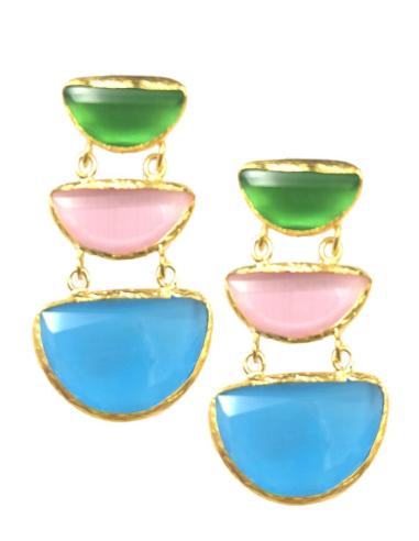 PENDIENTES LARGOS ELEGANTES CON TRIO DE PIEDRAS DE VIVOS COLORES