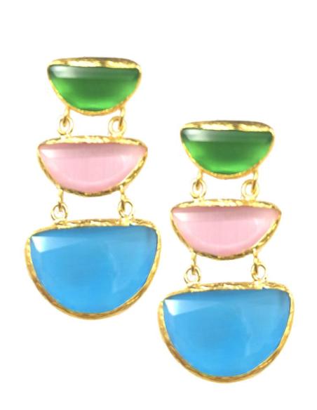 PENDIENTES LARGOS ELEGANTES CON TRIO DE PIEDRAS DE VIVOS COLORES