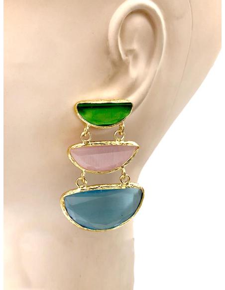 PENDIENTES LARGOS ELEGANTES CON TRIO DE PIEDRAS DE VIVOS COLORES