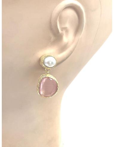 PENDIENTES PEQUEÑOS DE PERLA Y PIEDRA COLOR PARA BODAS DE DIA