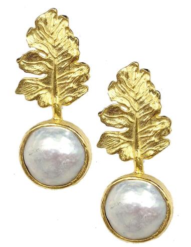 PENDIENTES PARA BODAS DE PERLAS CON HOJAS DORADAS