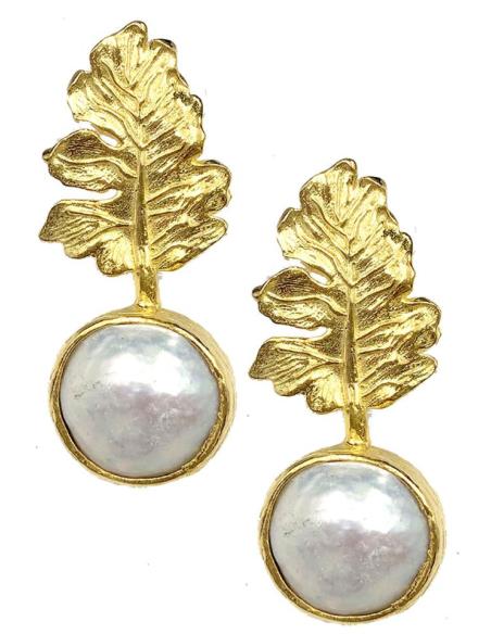 PENDIENTES PARA BODAS DE PERLAS CON HOJAS DORADAS