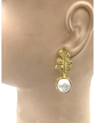 PENDIENTES PARA BODAS DE PERLAS CON HOJAS DORADAS