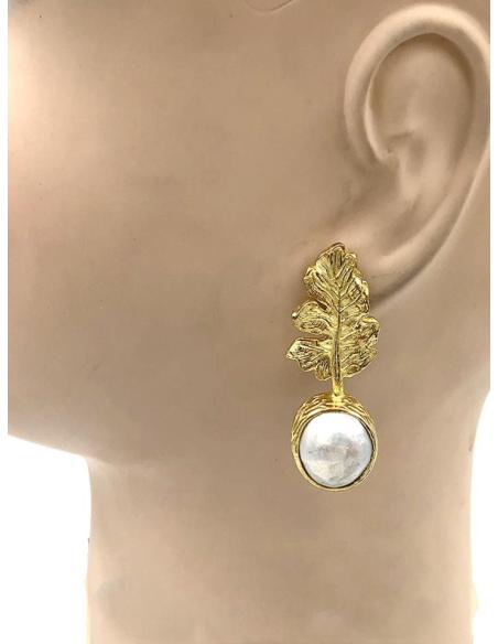PENDIENTES PARA BODAS DE PERLAS CON HOJAS DORADAS