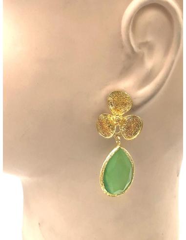 PENDIENTES DE LAGRIMA DE PIEDRA CON FLORECITAS DORADAS