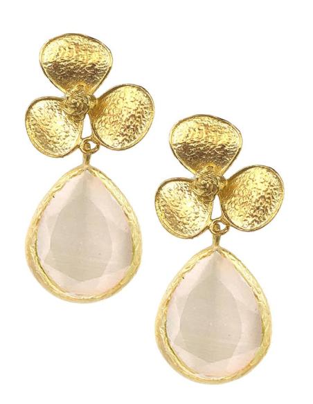 PENDIENTES DE LAGRIMA DE PIEDRA CON FLORECITAS DORADAS
