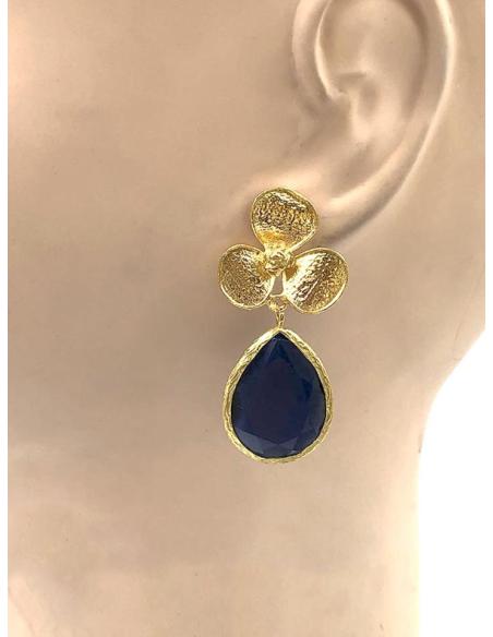 PENDIENTES DE LAGRIMA DE PIEDRA CON FLORECITAS DORADAS