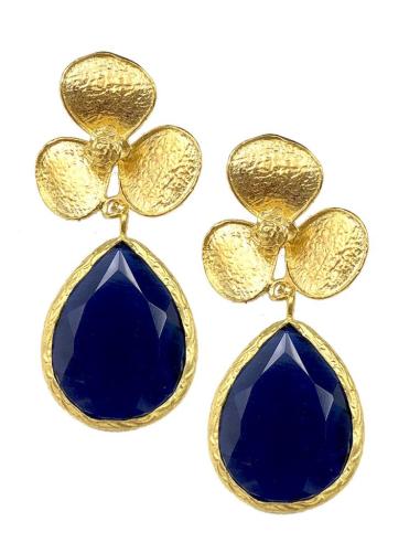 PENDIENTES DE LAGRIMA DE PIEDRA CON FLORECITAS DORADAS