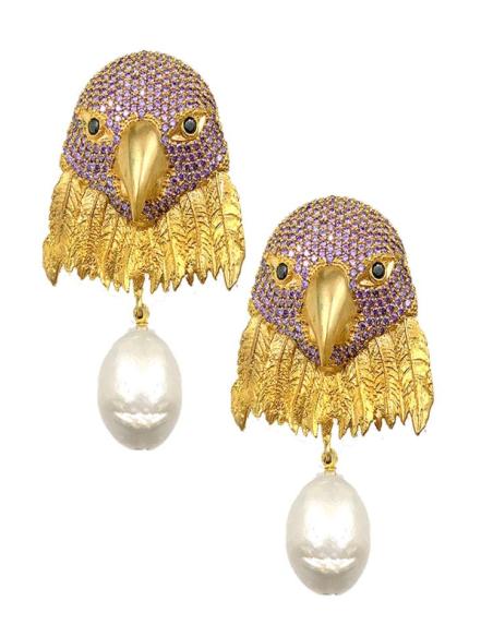 PENDIENTES LARGOS DE HALCON JOYA MORADO CON PERLA BARROCA