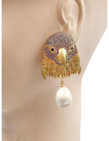 PENDIENTES LARGOS DE HALCON JOYA MORADO CON PERLA BARROCA