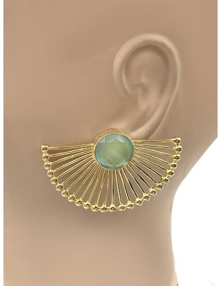 PENDIENTES DORADOS DE ABANICO Y PIEDRA VERDE AGUA