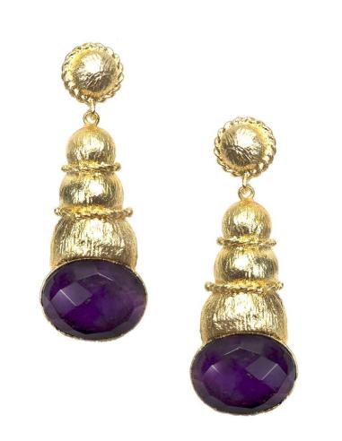 PENDIENTES LARGOS MORADOS Y DORADOS CON CARACOLA