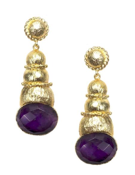 PENDIENTES LARGOS MORADOS Y DORADOS CON CARACOLA