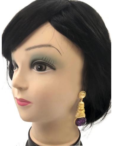 PENDIENTES LARGOS MORADOS Y DORADOS CON CARACOLA