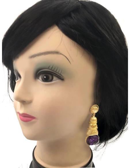 PENDIENTES LARGOS MORADOS Y DORADOS CON CARACOLA