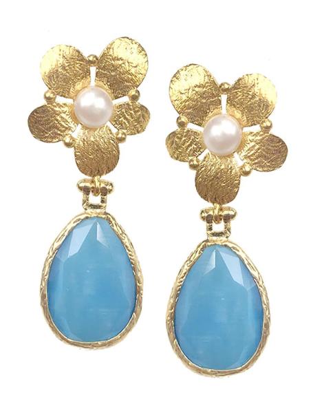 PENDIENTES MUJER DORADOS DE FLOR CON PERLA Y LAGRIMA COLOR