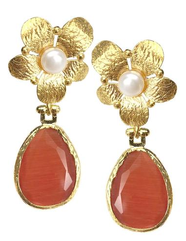 PENDIENTES MUJER DORADOS DE FLOR CON PERLA Y LAGRIMA COLOR