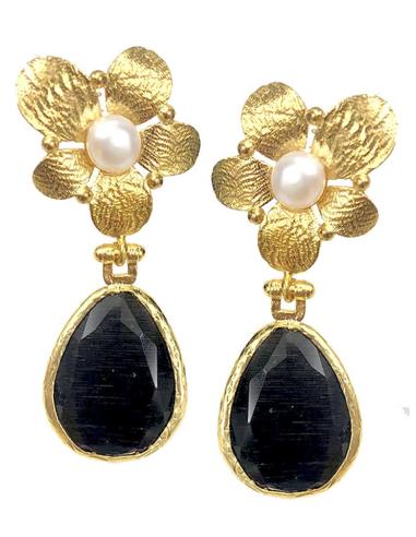 PENDIENTES MUJER DORADOS DE FLOR CON PERLA Y LAGRIMA COLOR