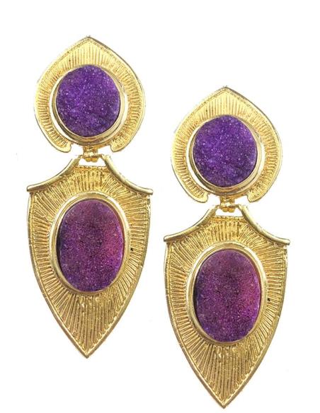 PENDIENTES MUJER DORADOS DE PIEDRA DRUSA EN MORADO UVA