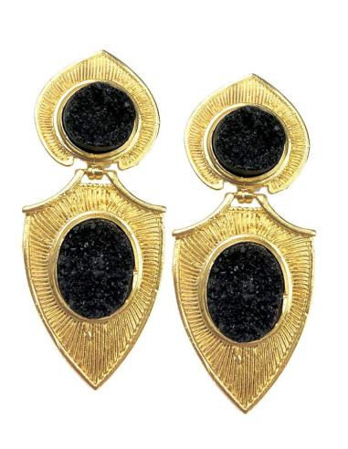PENDIENTES MUJER NEGROS Y DORADOS DE PIEDRA DRUSA Y BAÑO ORO