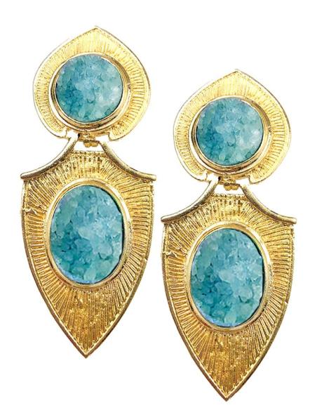 PENDIENTES DE MUJER DORADOS CON PIEDRAS DRUSA COLOR AZUL