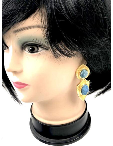 PENDIENTES DE MUJER DORADOS CON PIEDRAS DRUSA COLOR AZUL