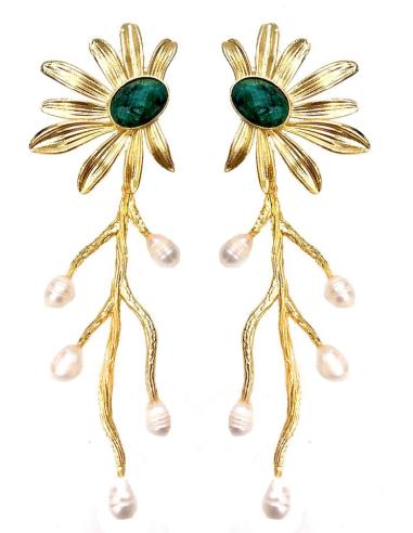 SOFISTICADOS PENDIENTES LARGOS DE FLOR VERDE CON PERLITAS