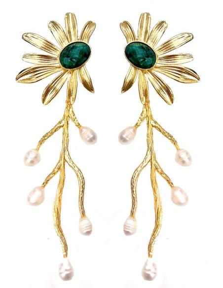 SOFISTICADOS PENDIENTES LARGOS DE FLOR VERDE CON PERLITAS