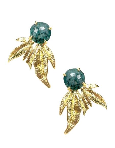 PENDIENTES CORTOS BODA DE PIEDRAS VERDES Y HOJAS DORADAS