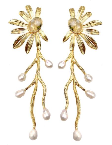 SOFISTICADOS PENDIENTES LARGOS DE FLOR VISTOSA CON PERLITAS