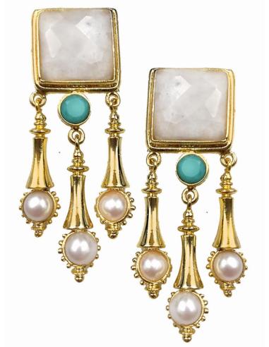 PENDIENTES MUJER LARGOS DE PERLAS Y CUARZO REPLICA DE JOYAS